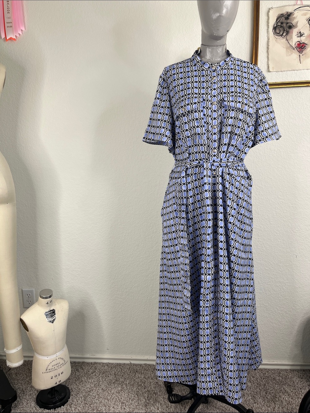 Ann Taylor Printed Geometric Camper Pocket Belted Midi Flowy Cap Sleeve Dress